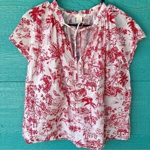H&M TROPICAL RED WHITE PRINT V-NECK LOOSE FIT COTTON CAP SLEEVE TOP SIZE LARGE